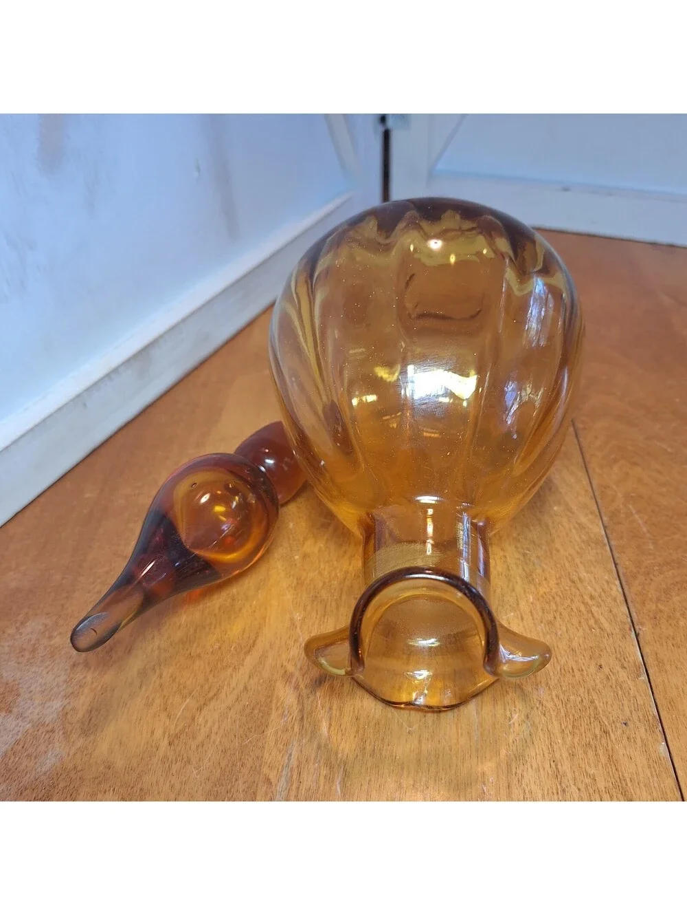 Vintage Amber Art Glass Handcrafted Decanter Ruffled Rim 9.5